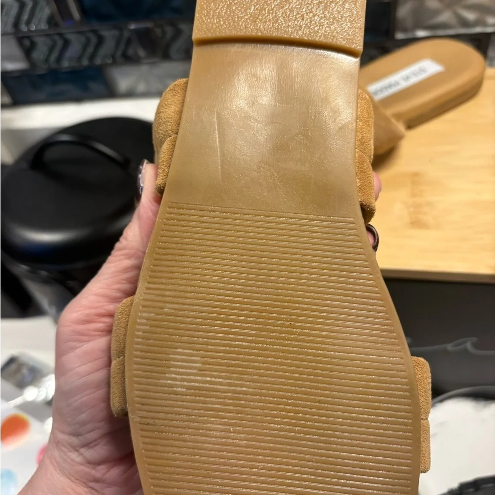 Steve Madden Tan Suede Padded Double-Strap Slide Sandals